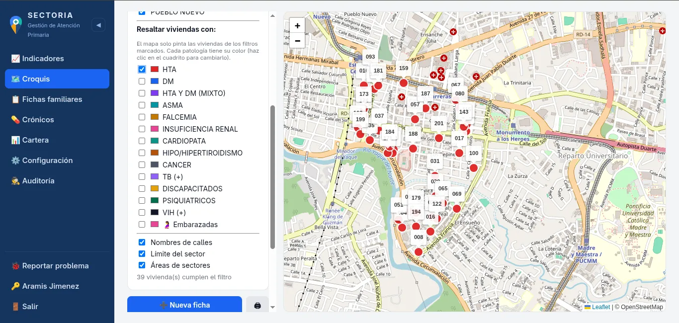 Croquis del sector sobre el mapa real con viviendas filtradas por patología
