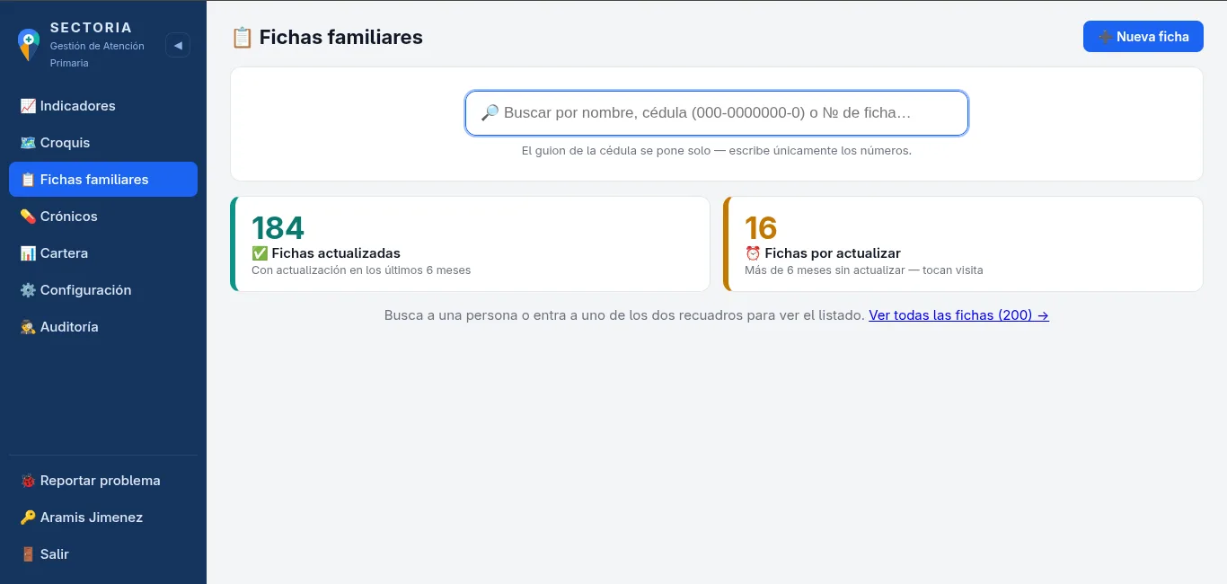 Módulo de fichas familiares con buscador por nombre, cédula o número de ficha