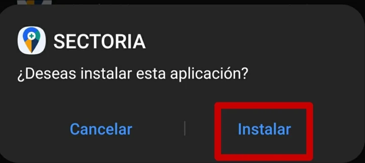 Aviso de Android preguntando si deseas instalar la aplicación SECTORIA, con el botón Instalar resaltado