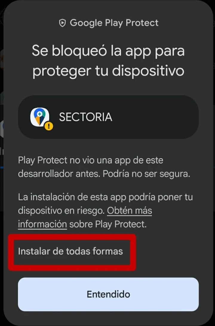 Aviso de Play Protect con la opción Instalar de todas formas resaltada